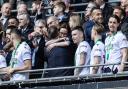 Sharon Brittan hugs Ian Evatt at Wembley after the Papa Johns Trophy final