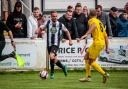 Atherton Collieries’ Krisel Prifti in action against Lancaster City on Monday