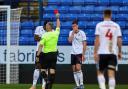 Ricardo Santos is sent off by referee Carl Brook in the first half against Bristol Rovers