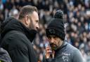Ian Evatt and Paul Warne share a word before the game at Derby County