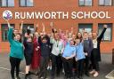 Staff and pupils at Rumworth School celebrating the Ofsted rating
