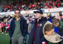 Main image of Ryan Reynolds and Rob McElhenney / Inset of James Jones, his partner Chloe and son