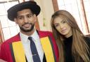 Amir Khan with his wife Faryal Makhdoom Khan before collecting his honourary degree from the University of Bolton at Victoria Halls. Photo by Nigel Taggart, Newsquest (Bolton) Ltd, Wednesday July 15, 2015.