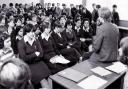 Pupils in nuclear arms discussion with Peter Middleton of the Bolton Against the Missiles group