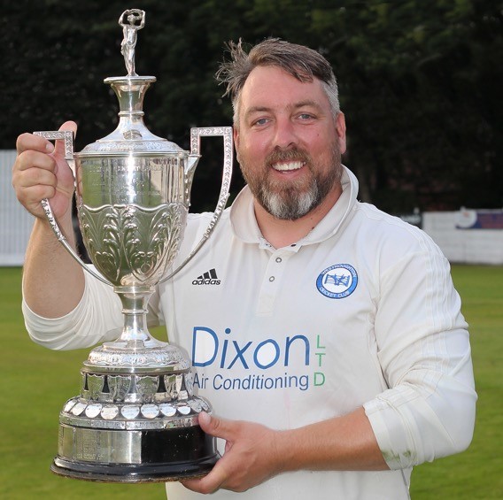 Mark Atherton, Westhoughton CC captain, and also ‘Man of the Match’ with the Hamer Cup. Picture: Harry McGuire 