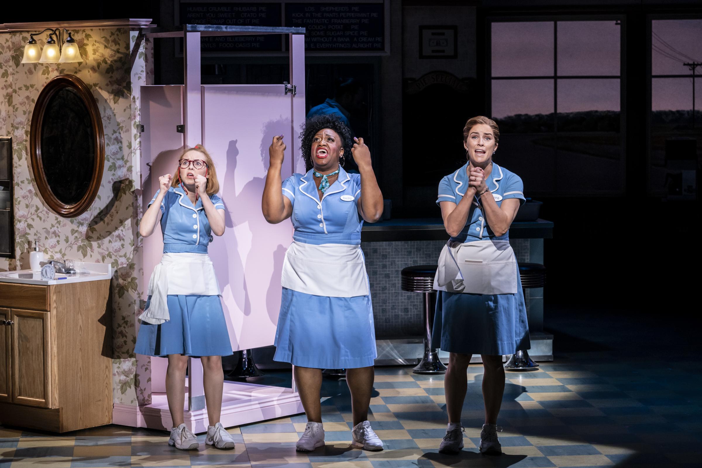 Sandra Marvin with co-stars Evelyn Hoskins (left) and Lucie Jones (right) in Waitress (Picture: Johan Persson)
