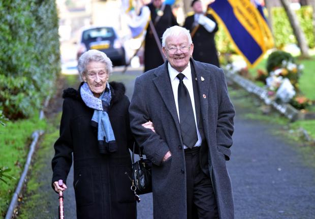 The Bolton News: Former mayor of Bolton Peter Finch and Rita Fairhurst arrive for the funeral of Bob Ronson at St Catherine's Parish church, Horwich, 2018