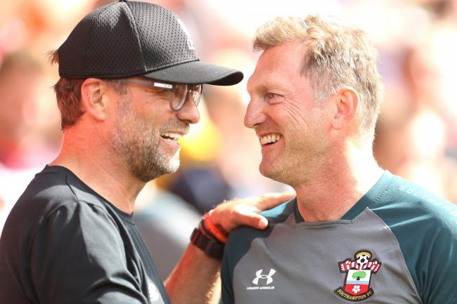 Southampton manager Ralph Hasenhuttl, right, and Liverpool boss Jurgen Klopp