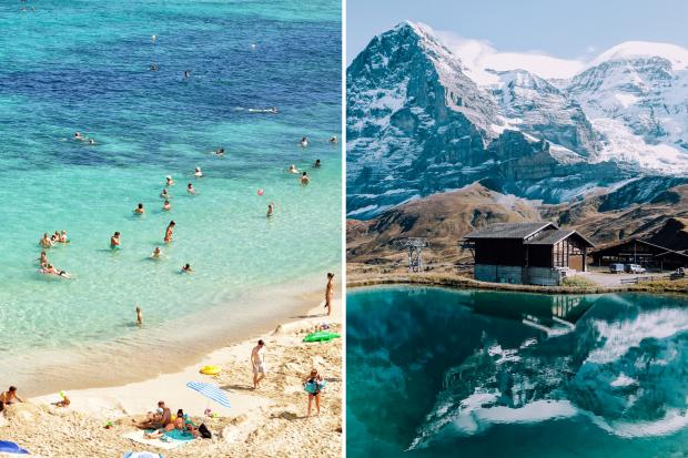The Bolton News: (left to right) People playing in the sea and on the beach. Snowy mountains in Switzerland. Credit: Canva