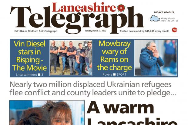 Lancashire Telegraph front page on 15/03/2022