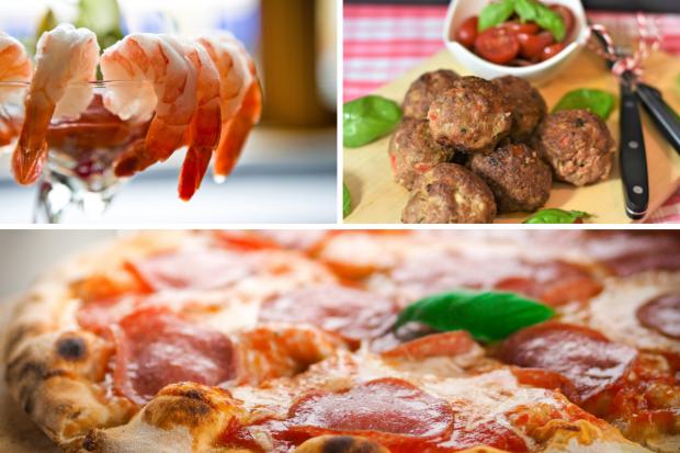 The Bolton News: (Top left clockwise) Prawn cocktail, Meatballs, Pizza. Credit: PA/Canva