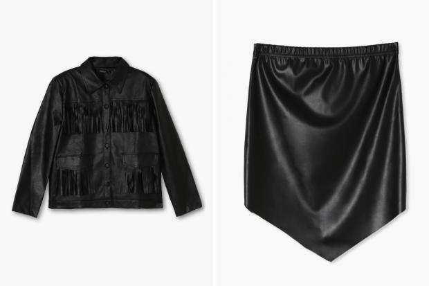 The Bolton News: (Left) Fringe Faux Leather Jacket and (right) Pointed Hem PU Mini Skirt in black (Boohoo/Canva)