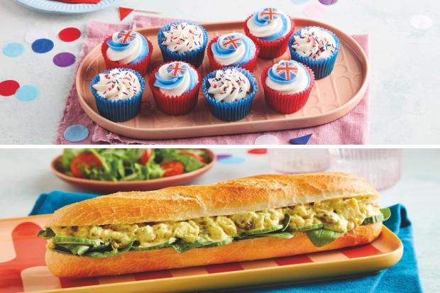 The Bolton News: (Top) Jubilee Cupcake Platter (bottom) Coronation Chicken Baguette (Morrisons/Canva)