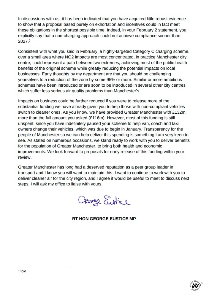 The letter from Secretary of State George Eustace to Greater Manchester mayor Andy Burnham about the Clean Air Zone