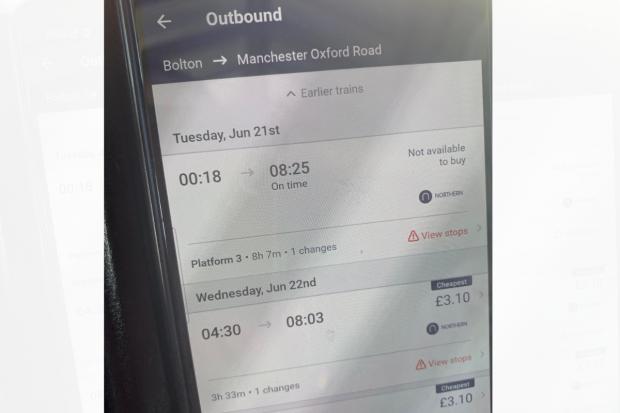 The Bolton News: Northern Rail app shown by passenger