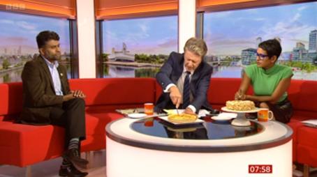 The Bolton News: Mak brought bakes for presenters Naga Munchetty and Charlie Stayt. Photo: BBC Breakfast