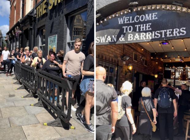 The Bolton News: Queues for walkers to enter the pub 