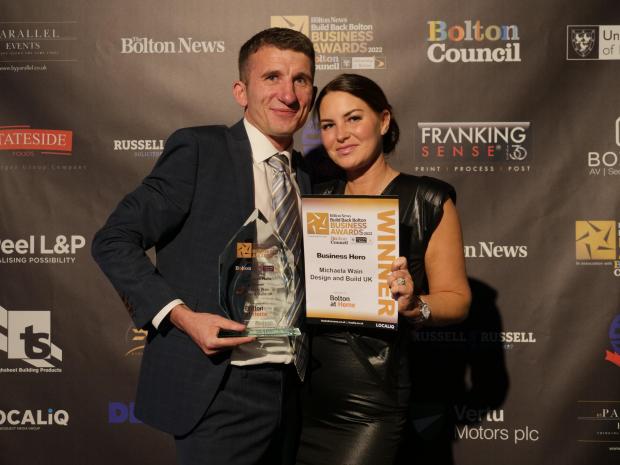 The Bolton News: Lee Wayne accepts Business Hero Award sponsored by Bolton at Home on behalf of his sister Michaela Wayne