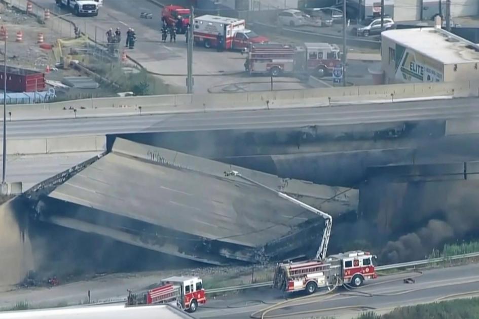 Raised stretch of motorway in Philadelphia collapses after fire