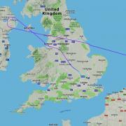 The FlightRadar24 track of the Air India Boeing 777 aircraft which was flying from Mumbai to Newark in the US before it turned round and landed at London Stansted Airport after a reported bomb threat.