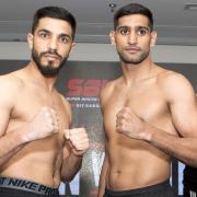Billy Dib, left, and Amir Khan at the weigh in. Picture: Super Boxing League