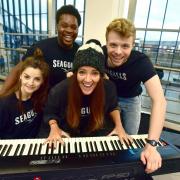 SMILES: The cast of Seagulls after performing at Bolton Interchange. From left Flora Spencer-Longhurst, Tomi Ogbaro, Lauryn Redding and Matthew Heywood.