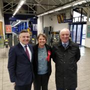 Jonathan Ashworth (left) meets Bolton Labour candidates Julie Hilling and Sir David Crausby at the town's railway station