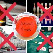 Everything you CAN'T do in Bolton under Tier 3 restrictions. Picture includes a photo of a pint, a bowling alley, a poker table, and Bolton Library and Museum all with red crosses over the top. A picture of a coronavirus test in inset.