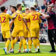 Wanderers celebrate going 1-0 up at Rotherham in 2019 under Keith Hill