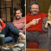 Aisling Bea and Rob Delaney (left) plus Michael Sheen and Anna Lundberg will be among the celebrity pairs on Gogglebox tonight (Channel 4)