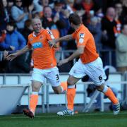 Ian Evatt celebrates with Stephen Crainey after a goal in their Blackpool days