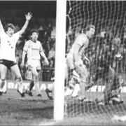 Chris Thompson scores the decisive goal for Wanderers against Derby County in 1982.