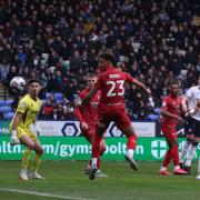 Bolton Wanderers' Victor Adeboyejo sees an effort go close.