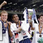 Mixu Paatelainen, Fabian DeFreitas and Owen Coyle celebrate with the play-off trophy at Wembley in 1995 and, inset, the trophy discovered at auction and restored