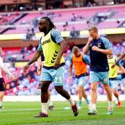 Coventry City defender Fankaty Dabo warming up at Wembley before the play-off final