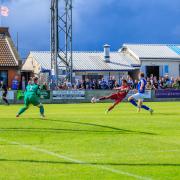 Rio Pemberton’s shot goes narrowly wide at Whitby. Picture by David Featherstone