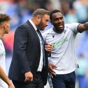 Cameron Jerome talks to Ian Evatt during the game against Derby County