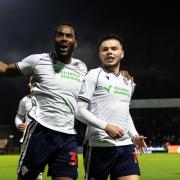 Aaron Morley and Cameron Jerome celebrate the penalty at Wycombe