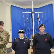 Sea Cadets Corporal Caelon, Petty Officer Liz Ogden and Ordinary Cadet Orla with Cllr Emily Mort