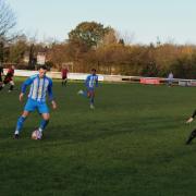Daisy Hill’s Danny Warburton on the ball against Shelley on Saturday afternoon
