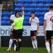 Ricardo Santos is sent off by referee Carl Brook in the first half against Bristol Rovers