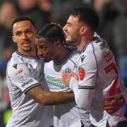 Bolton Wanderers's Nathanael Ogbeta is congratulated on scoring his team’s first goal