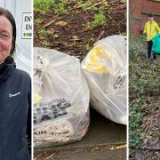 Karen Liptrot, rubbish that has been collected, and litter pickers, including Eileen Crowe, carrying out their hard work