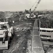 Demolition of railway bridge, Manchester Road, Bolton, 1984