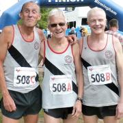 RACE ACES: Steve Nolan, left, Mel Walker, centre, and Keith Thomas finished a fine 19th at the National Masters Relay in Sutton Coldfield