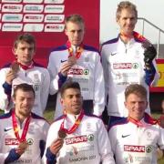 PODIUM: Tom Lancashire, front, centre, shows off his bronze medal with the Great Britain and Northern Ireland team at the European Cross Country Championships in Slovakia