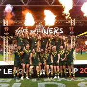 TROPHY: Australia, winners of the 2017 Rugby League World Cup, hold aloft the trophy which will be on display in Bolton today. Photo : Gregg Porteous/NRL Imagery/PA Wire