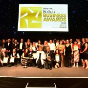 All the winners on stage following the Bolton Business Awards 2018.