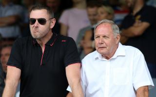 Peterborough owner Darragh MacAnthony, left, with director of football, Barry Fry