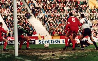 Alan Stubbs scores for Wanderers in the League Cup semi-final first leg in 1995.